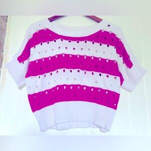 *3 for $20* Y2K Cropped Short-Sleeved Sweater, pink/white stripes, boat neck, L